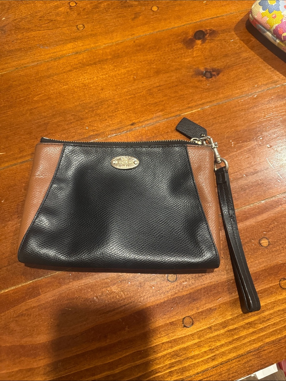 Women's Black and Brown Leather Wristlet Pouch